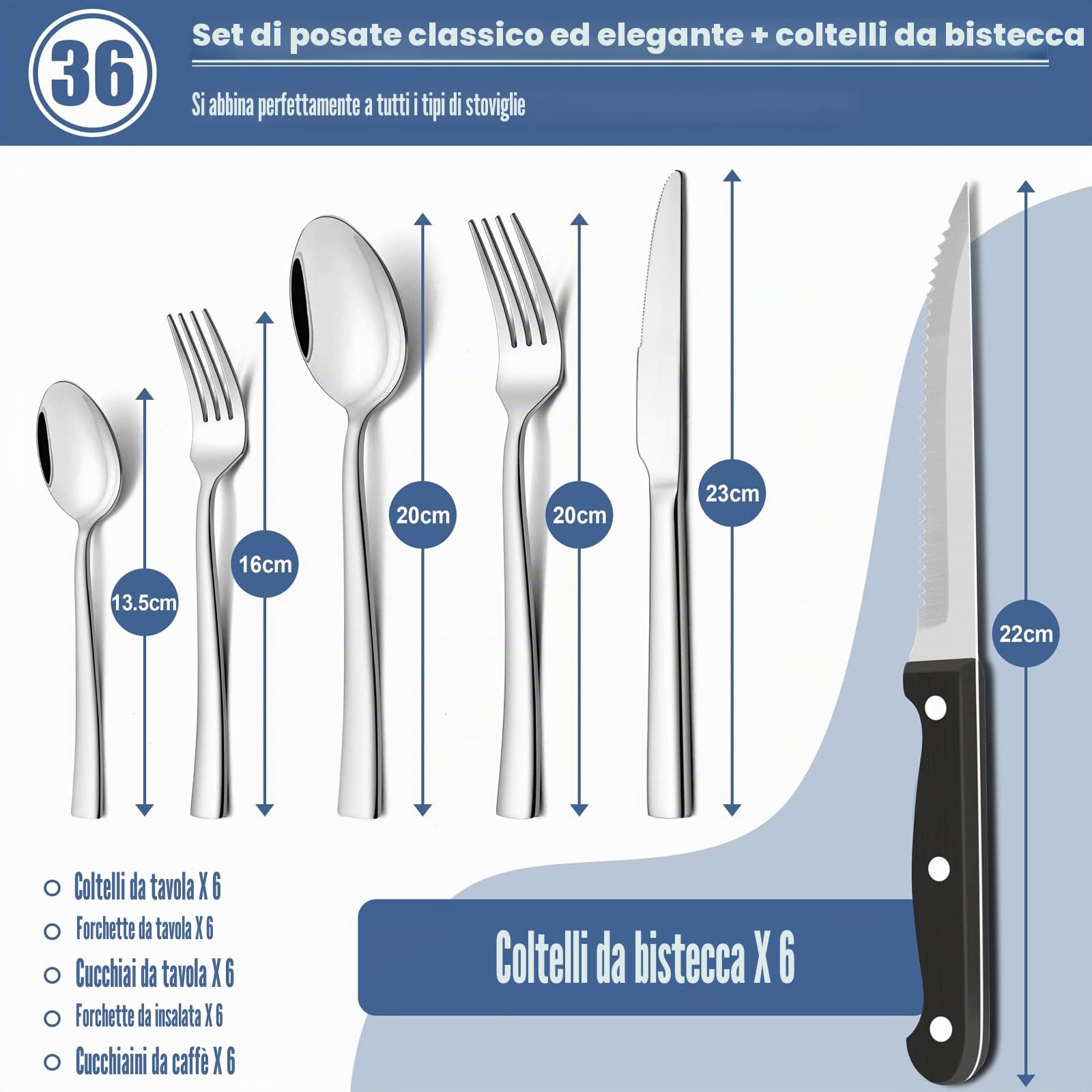 Joyfair - Set di posate da 36 pezzi con coltello da bistecca in acciaio inox, per 6 persone, con coltello, forchetta, cucchiaio, ristoranti, lavabili in lavastoviglie e antiruggine