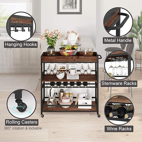 Miniatura 3 de BON AUGURE Carrito de Bar para el Hogar, Carrito de Servicio de Bar Rodante con Ruedas, Carrito de Bebidas de 3 Niveles con Botellero y Soporte para