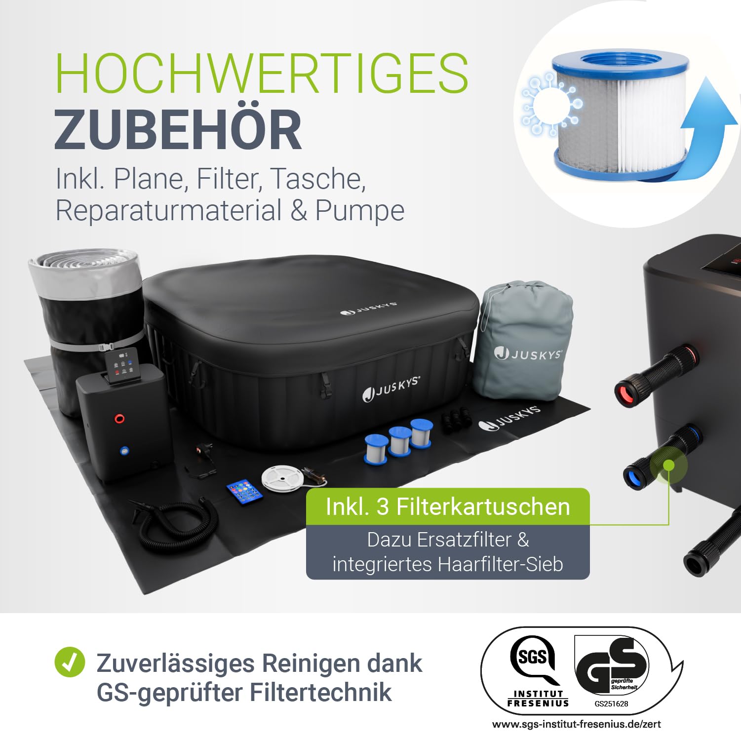 JUSKYS® Whirlpool SpaLuxe – Aufblasbar, Outdoor & Winterfest, 130 Sprudeldüsen, 3000W, PVC, LED-Beleuchtung, Schwarz/Weiß