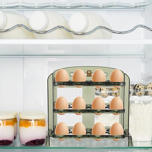 Miniatura 9 de BESPORTBLE Soporte para huevos de 30 rejillas para refrigerador, contenedor de almacenamiento de huevos abatible de 3 capas para puerta de