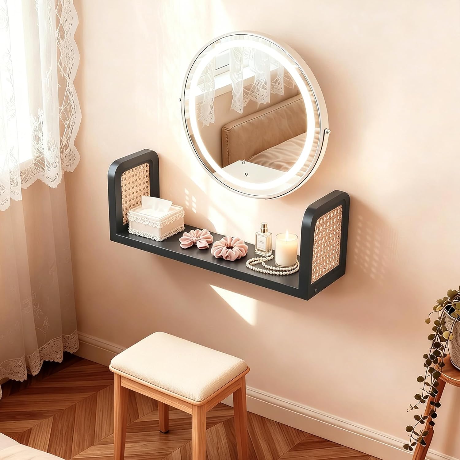 16.34 Inch Rattan Shelf, Nursery Shelves Wall Mounted | Natural Hanging Bookshelf Storage Floating Shelves Boho Wall Decor, Boho Decorative Floating Shelves for Living Room Bedroom