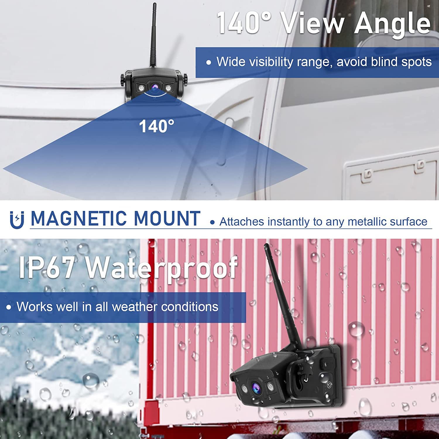Cámara trasera inalámbrica, cámara frontal WiFi recargable para remolque/quinta ruedas/caravanas