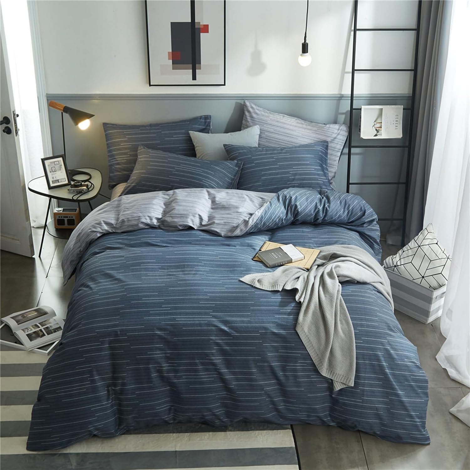 HighBuy Dark Blue Stripe Comforter Set Twin XL Size Navy Striped Gingham Bedding Comforter Set Cute Lightweight Modern Chic Soft Bedding Comforter with 2 Pillowcases Boho Art Decoration 3 Pieces