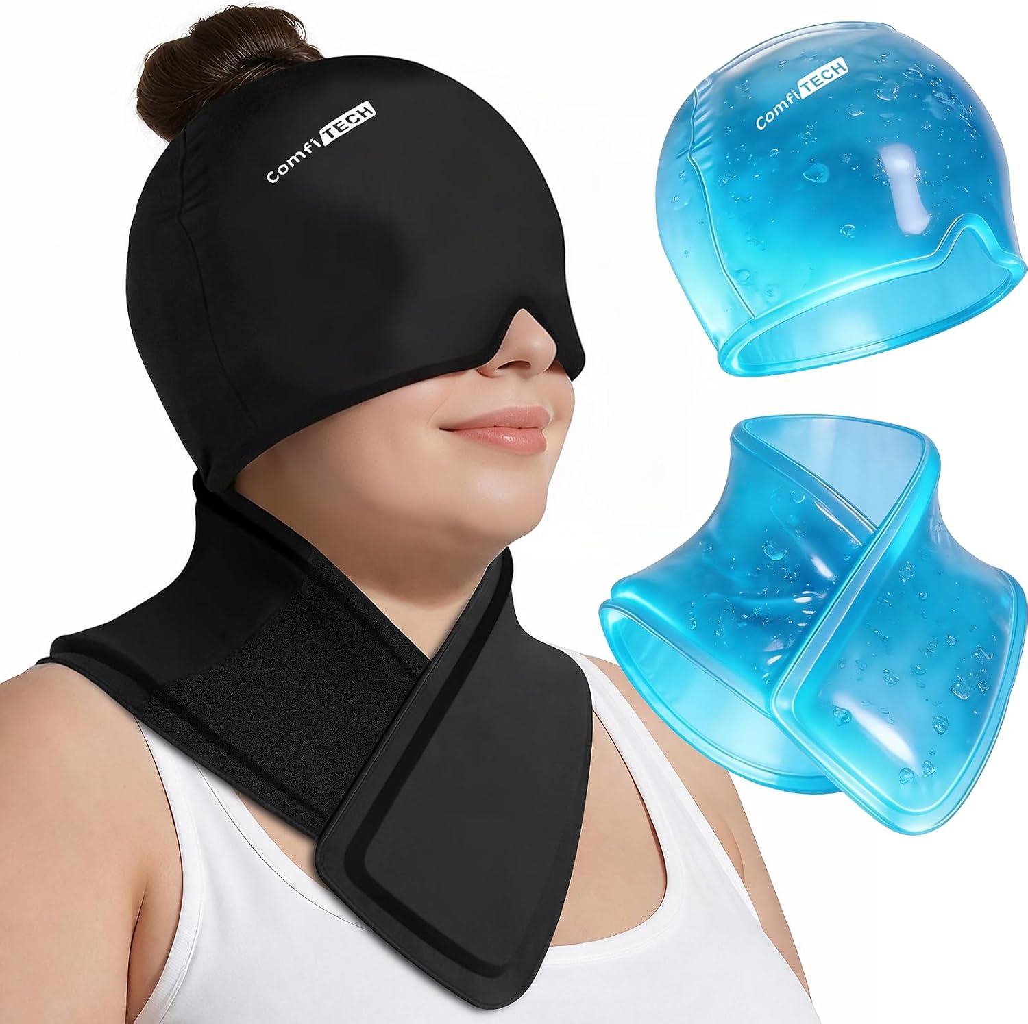ComfiTECH Migraine Relief Cap & Extra Long Neck Ice Pack Wrap Set, Cooling Head Wrap for Headaches with Extended Cervical Ice Pack for Neck Pain, Stiff Shoulder Relief After Work, Large
