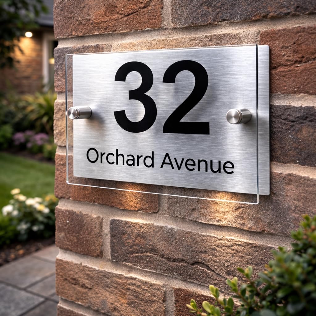 Personalised House Numbers Plaques by Blitz Craft | Glass Effect Acrylic and Silver Aluminium | Custom Address Text with Door Numbers for Outside, Weatherproof Design with Fixings (200x130mm) D004