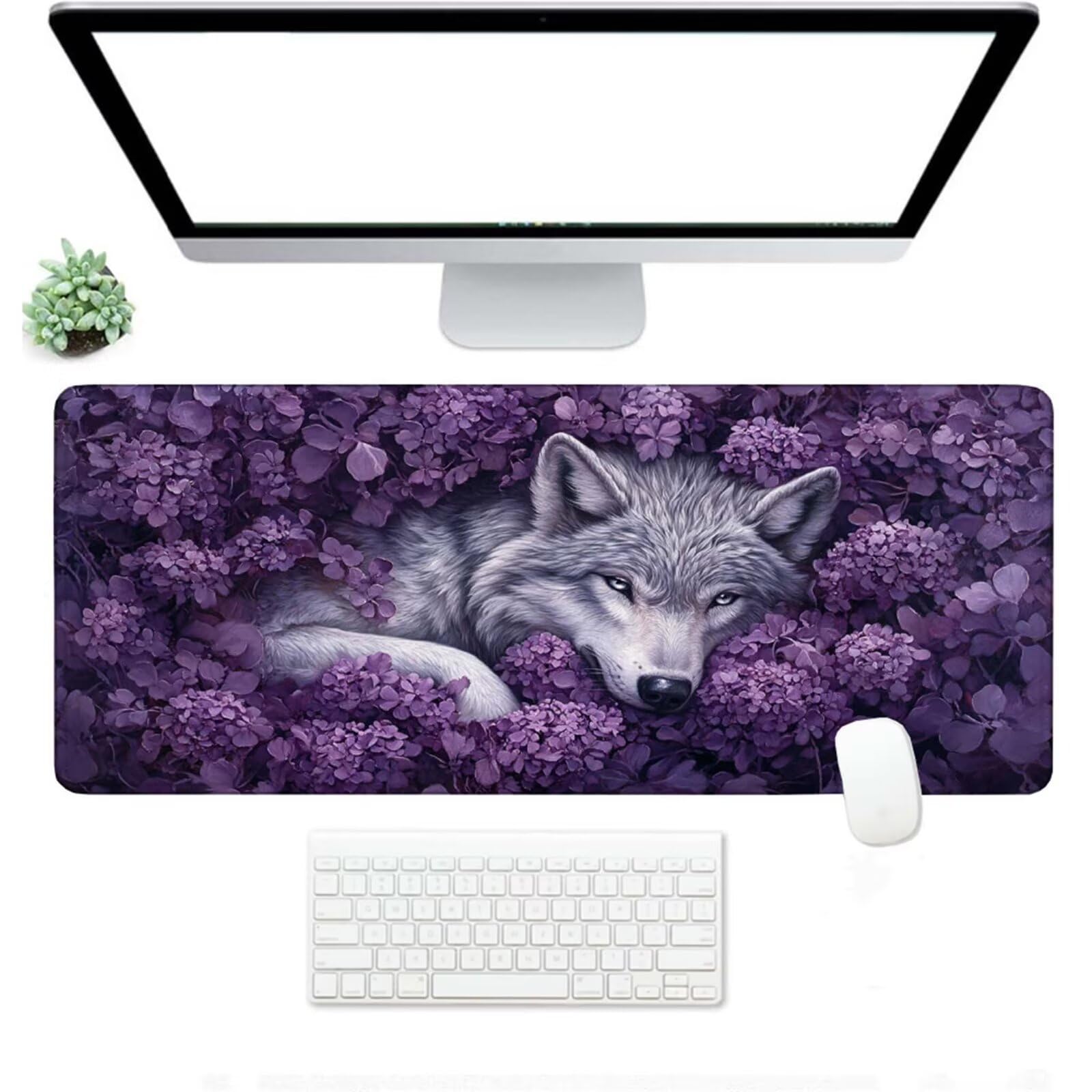 Podkładka pod mysz XXL 1400 x 600 x 3 mm, fioletowa duża podkładka pod mysz z wodoodporną i antypoślizgową gumą wilk pod ręką biurko zszyte krawędzie, poprawia precyzję i szybkość dla gracza W-356