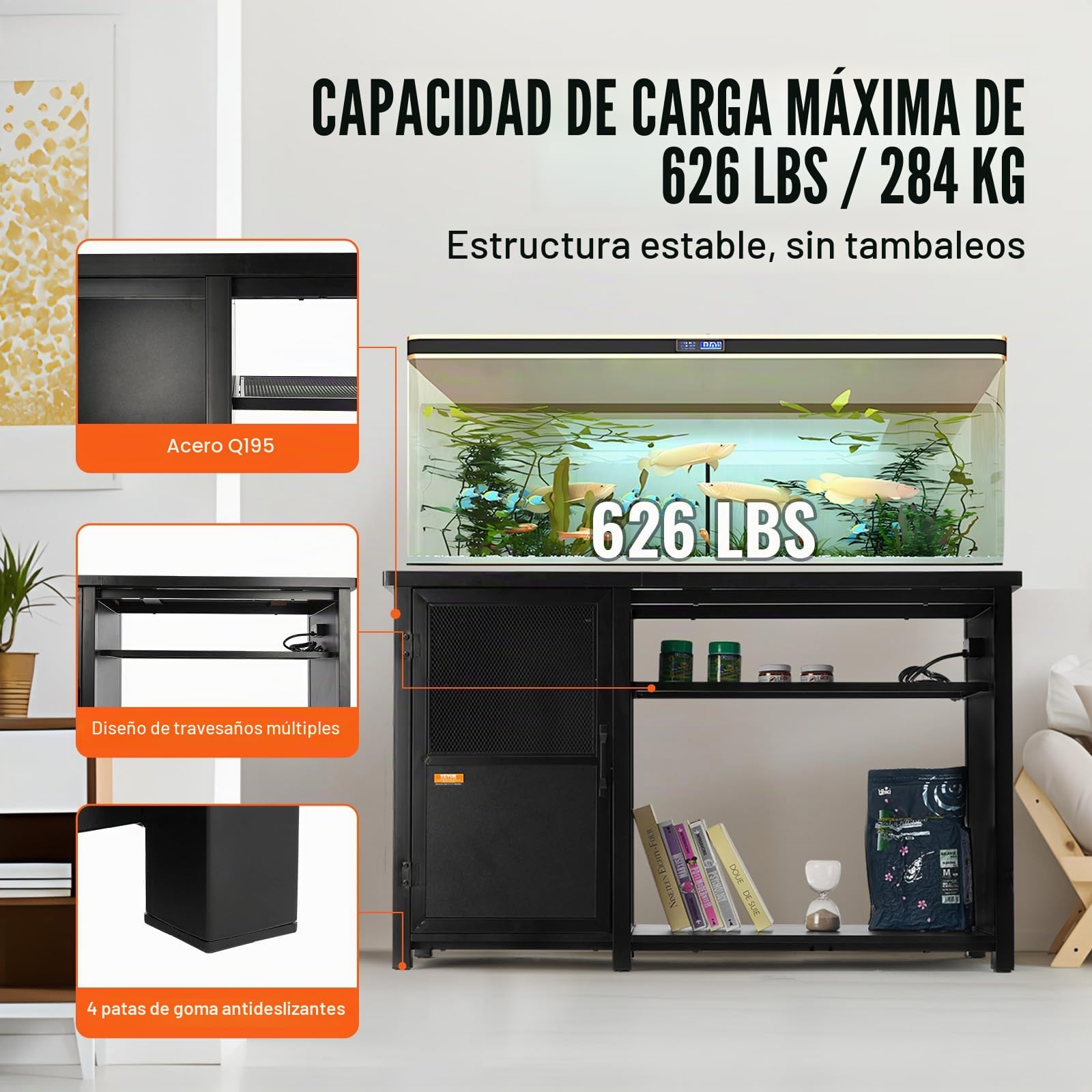 VEVOR Soporte para Acuario Carga de 284kg Mueble para Acuario 132x50x82cm de Acero y MDF Soporte para Tanque de Reptiles con Armario de Almacenamiento y Toma de corriente Integrada para Salón, Oficina