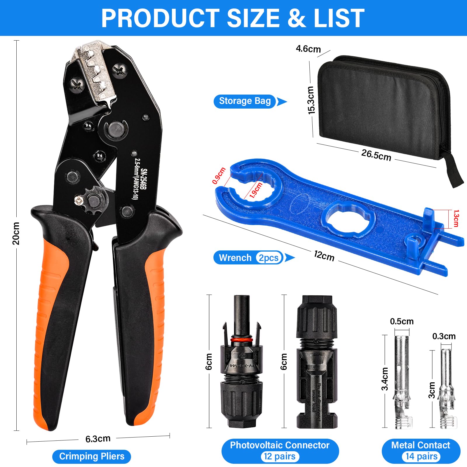 Kit d'outils de sertissage solaire pour câbles PV de 2,5/4/6 mm²,1 pince à sertir, 12 paires de connecteurs mâle/femelle,14 paires connecteurs de câble,2 Pièces de Clé,pour Câble PV de Panneau Solaire