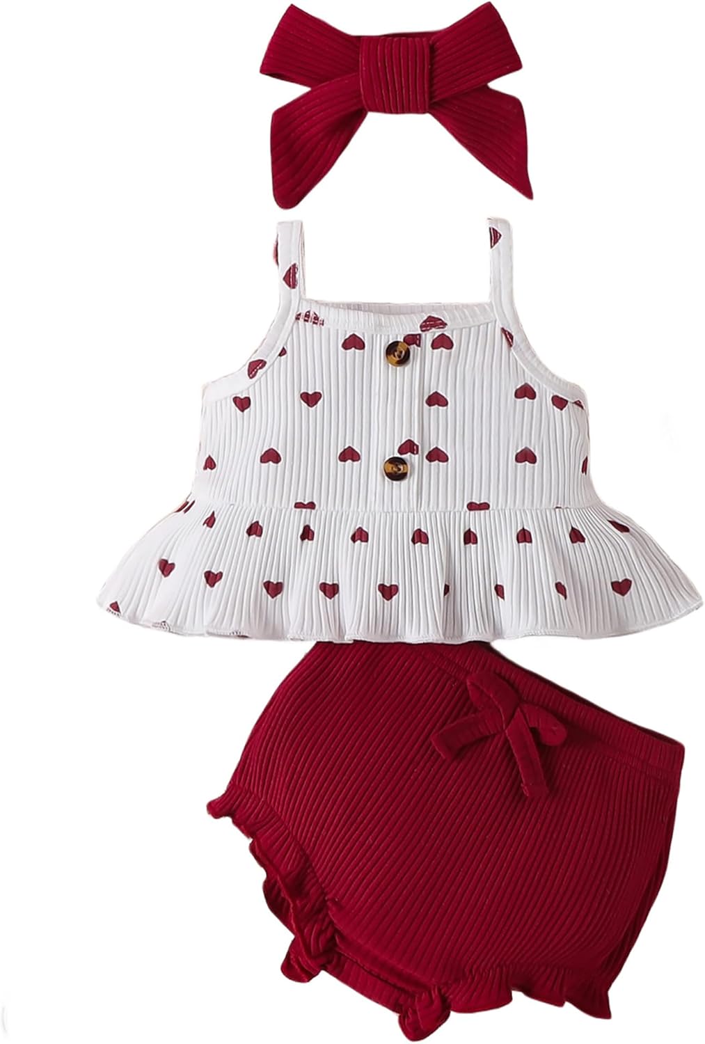 VARMILO Toddler Girl Outfit Set,Soft Ribbed Heart Print Sleeveless Cami Top,Ruffled Shorts & Bow Headband for Baby Girls
