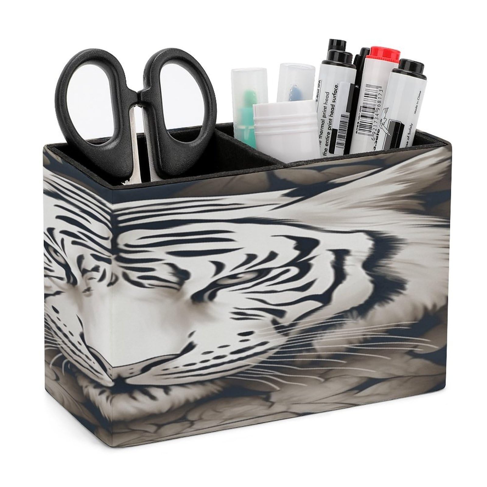 VstaDank White Tiger Head Pattern Pen Holder Double Compartments Pen Cup Fashion Makeup Brush Holders Leather Pencil Holder for Work Locker Accessories Modern Pencil Cup for Desk Organizer