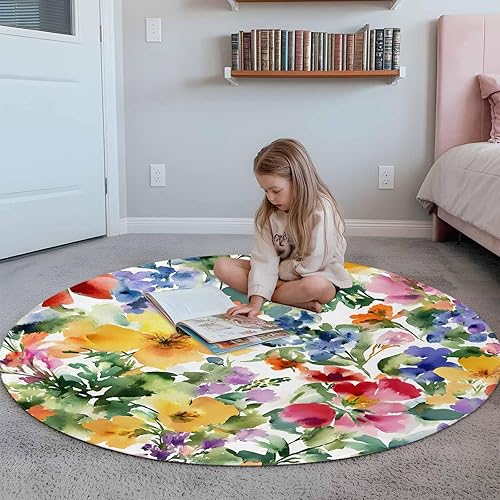 Miniatura 4 de Round Rugs 3 Feet, Green Yellow Floral Non Slip Area Rugs for Living Room, Bedroom, Barhroom, Entryway, Purple Blue Watercolor Retro Leaf Soft