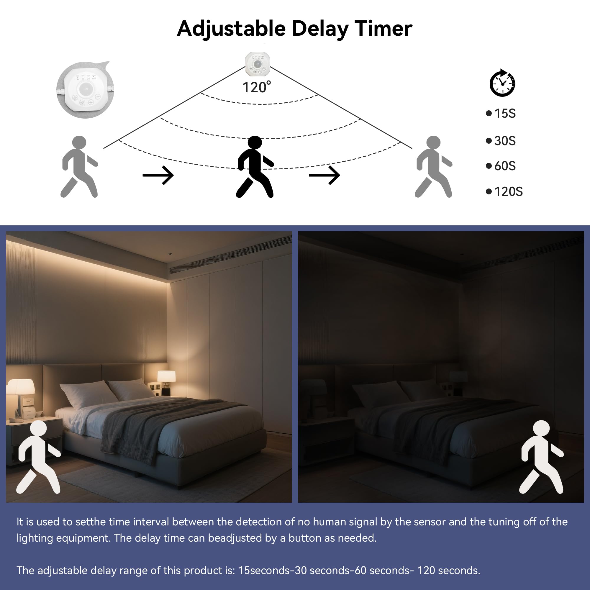 Clearhill 12V DC PIR Motion Sensor Dimmer 320LED Strip Lights,Day or Night 2 Lighting Modes,Time-delay and Brightness Adjustable,16.4FT/5M,Cool White 6500K,8mm Width,for Closet,Kitchen - Image 4