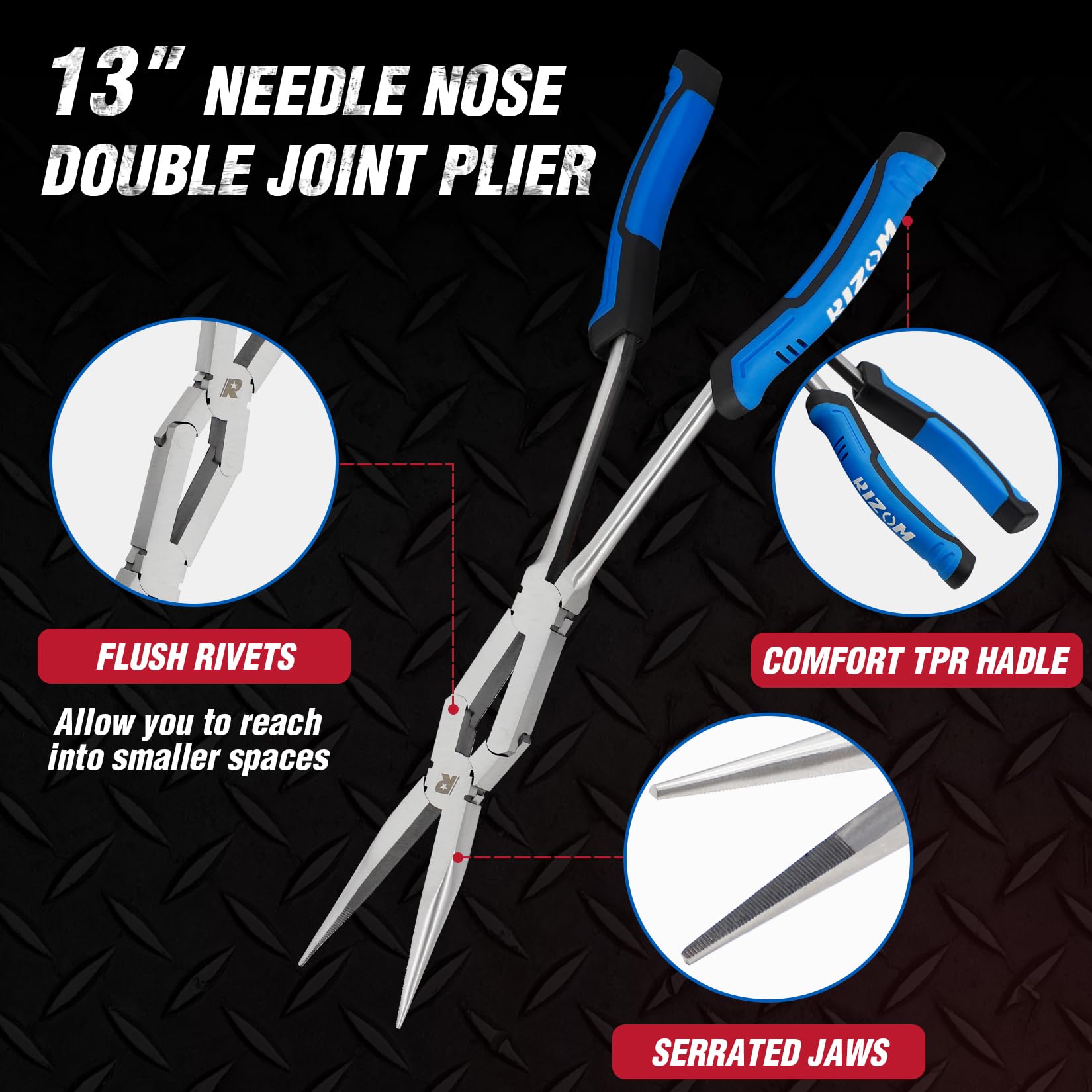 Rizom Set di 3 pinze a lunga portata, pinze a becco lungo a doppio snodo, 33 cm, pinze a becchi piegati a 45° e 90° per spazi stretti e aree limitate