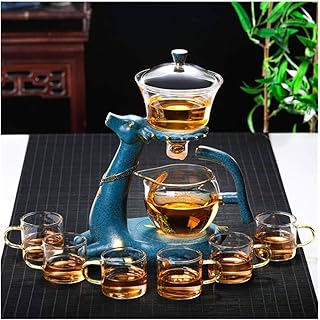 Aoheuo Kungfu Glass Tea Set Set with Heater Magnetic Water Diversion Rotating Cover Bowl Lazy Semi-Automatic Glass Teapot (Blue)