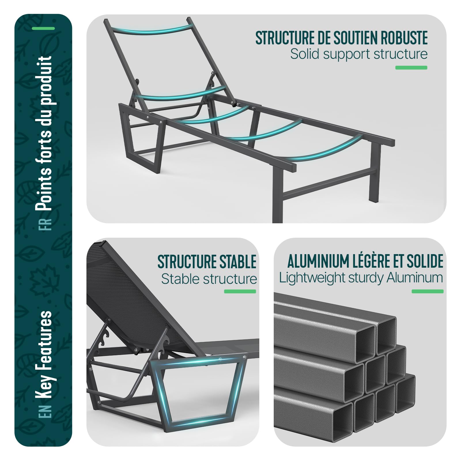 vounot® Lot de 2 Bain de Soleil en Textilène Structure en Aluminium Inclinable Chaise Longue 5 Positions Transat Charge Max 180KG pour Jardin Terrasse Piscine Plage Camping Gris