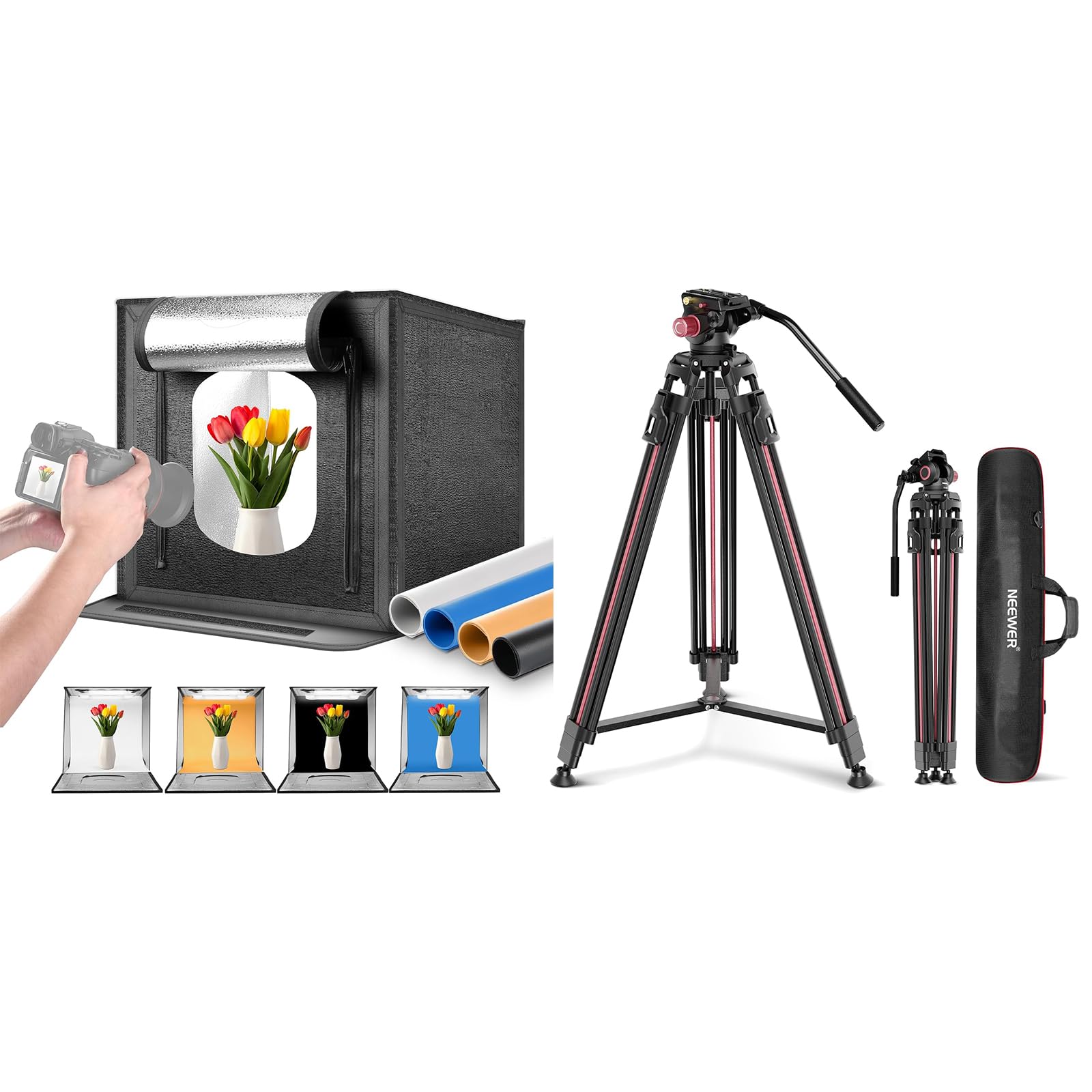 NEEWER 50W 24"" x24 Upgraded Photo Studio Light Box+79""/2m Video Camera Tripod with Fluid Head, Portable Folding Photography Lightbox 5600K 160 LEDs 5200lx/0.5m Dimmable Picture Booth Shooting Tent