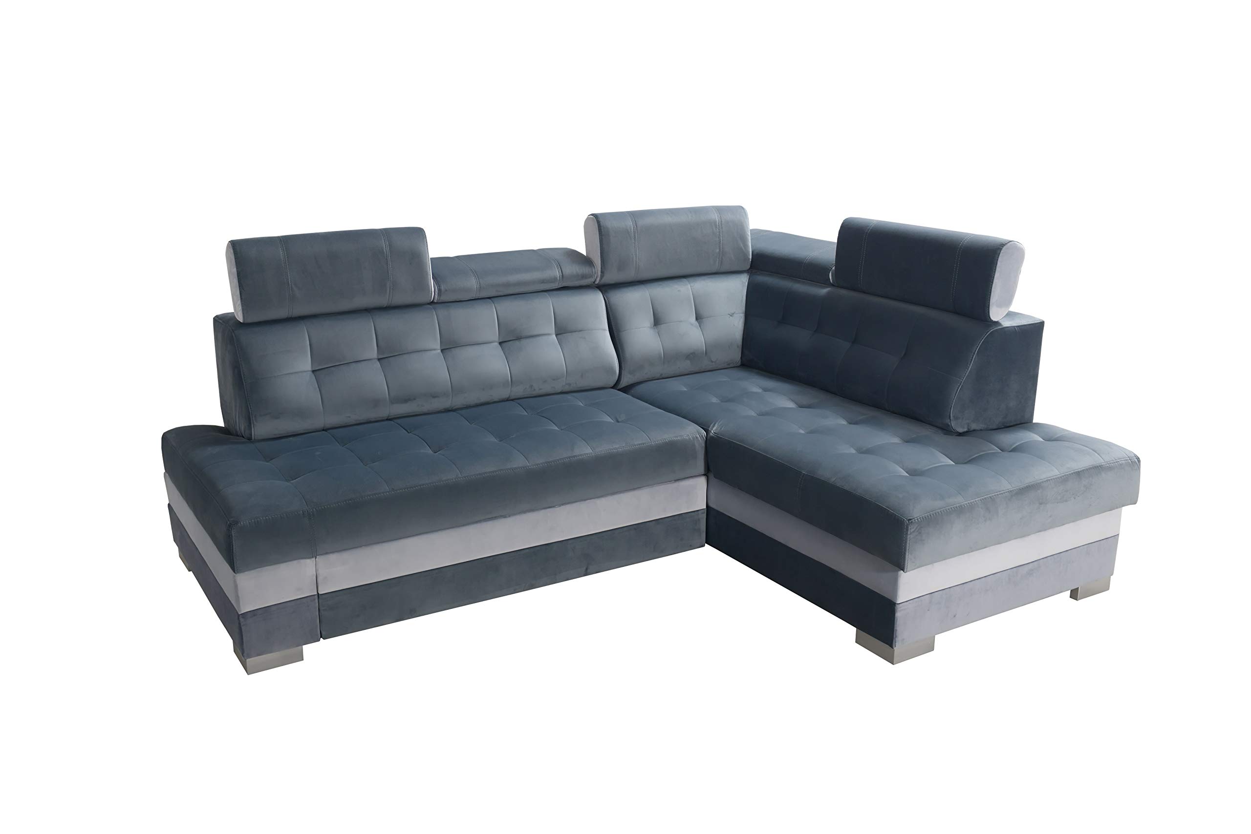 Robin Inspire Divano Angolare Modulare 4 Posti - Divano Letto a L Destro - Contenitore, 5 Poggiatesta Regolabili - per Soggiorno Moderno - 240 cm Paris Blu Azzurro Argento