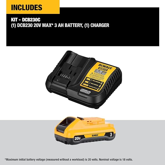 DEWALT 20V MAX Battery Pack with Charger, 3 Ah, Extra Long Run Time (DCB230C)