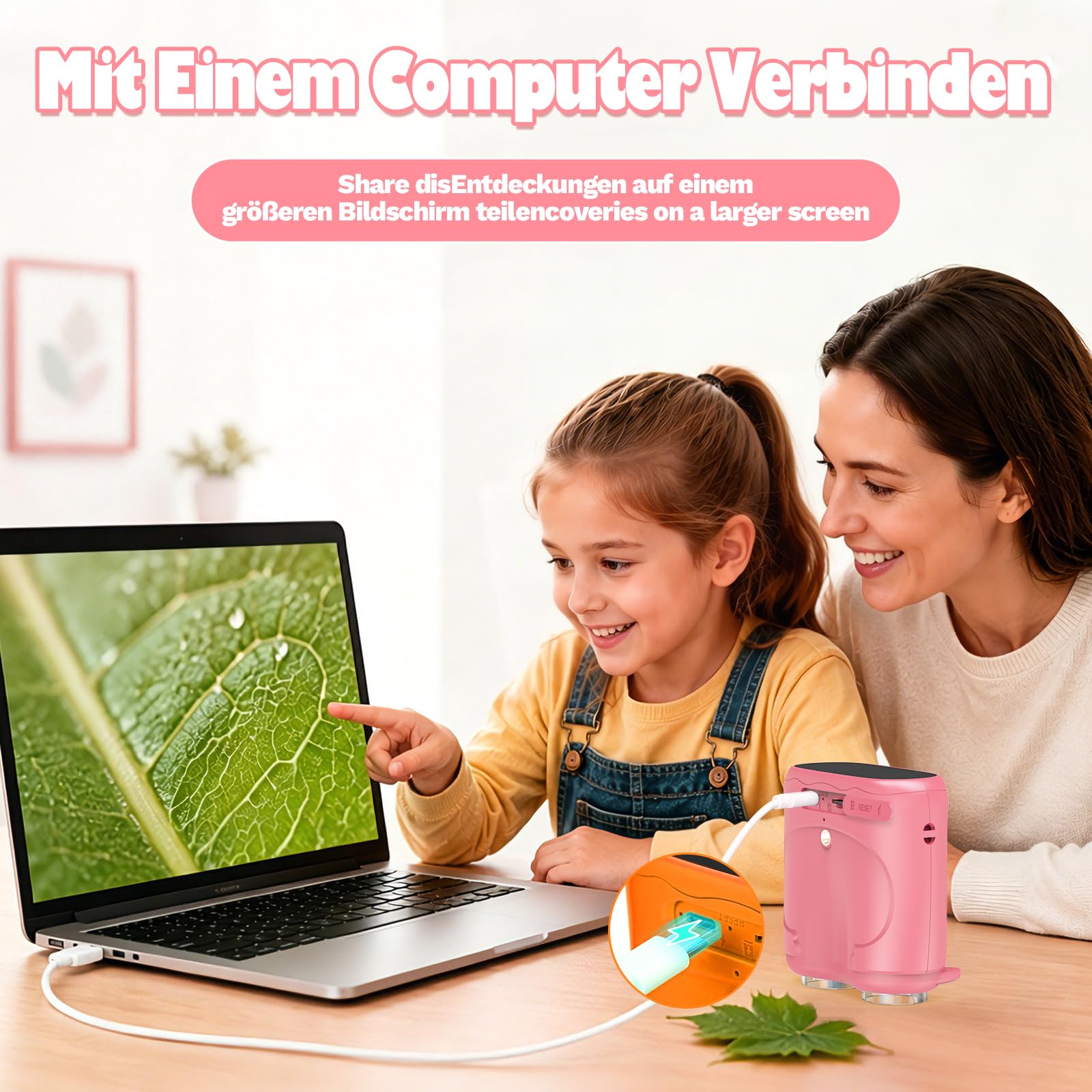 2-in-1 Digitales Mikroskop und Teleskop für Kinder, 1000x Tragbares Taschenmikroskop Kinder mit 2,0" HD Bildschirm, Fotofunktion und Funktionen des Teleskops für Geburtstagsgeschenk (Rosa)