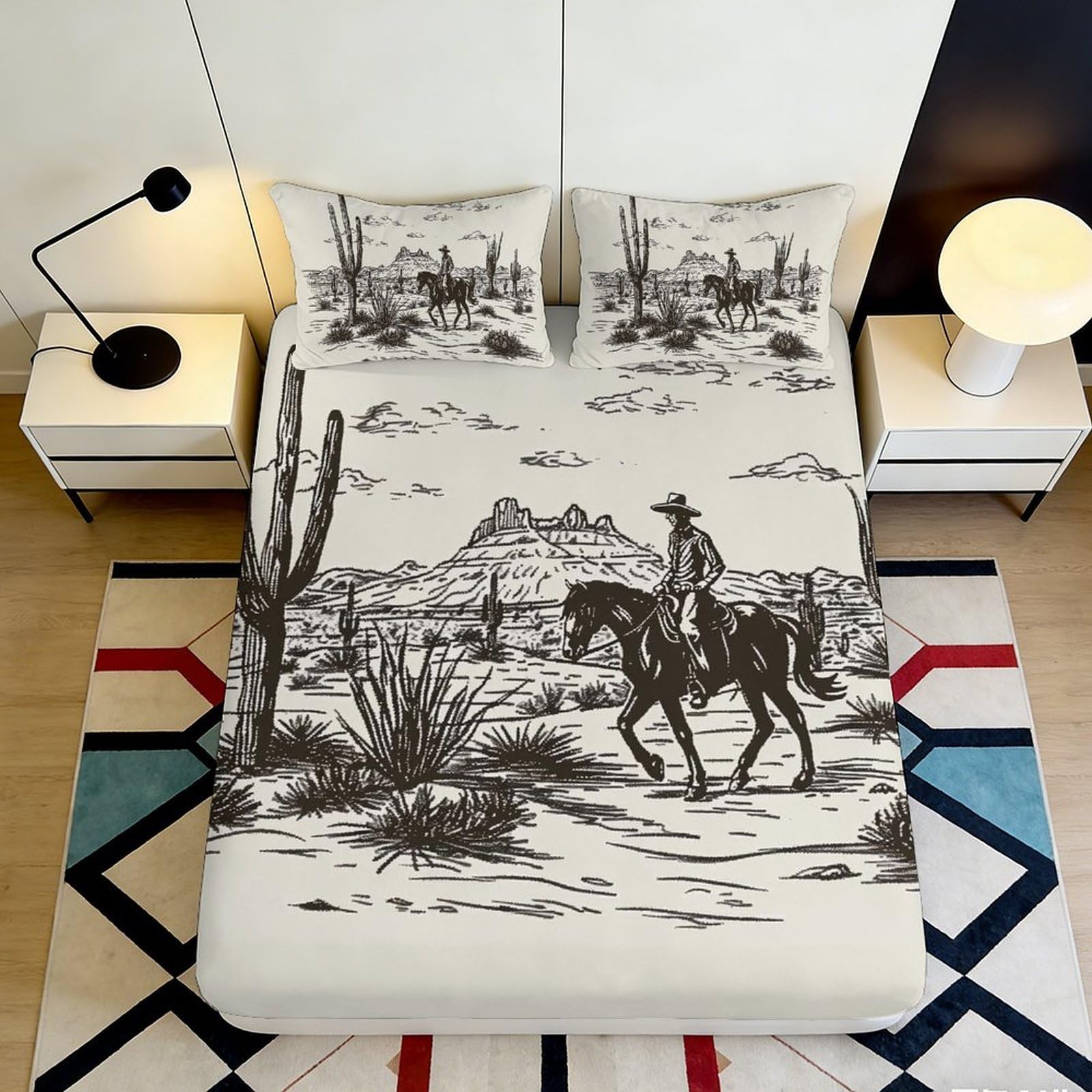 3D Printed Cowboy Desert Fitted Sheet Microfiber Soft Breathable Western Horse Mattress Cover for Bedroom Guestroom Decor 120x200cm 120x200x25cm