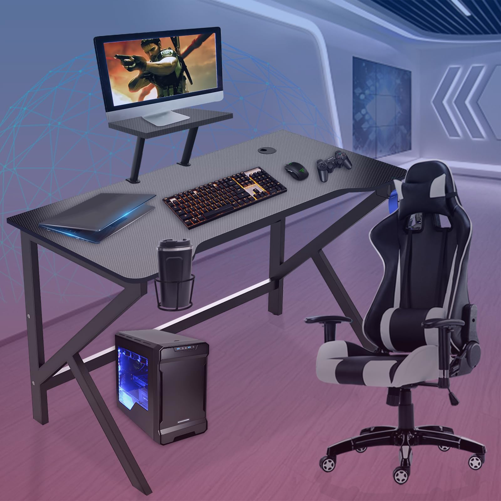 Scrivania Gamer Ergonomico, Vassoio in Fibra di Carbonio Impermeabile Antigraffio Struttura a Forma di K, Accessori Inclusi per Ufficio e Gioco, Tavolo Multifunzione per Adulto, 100x55x74