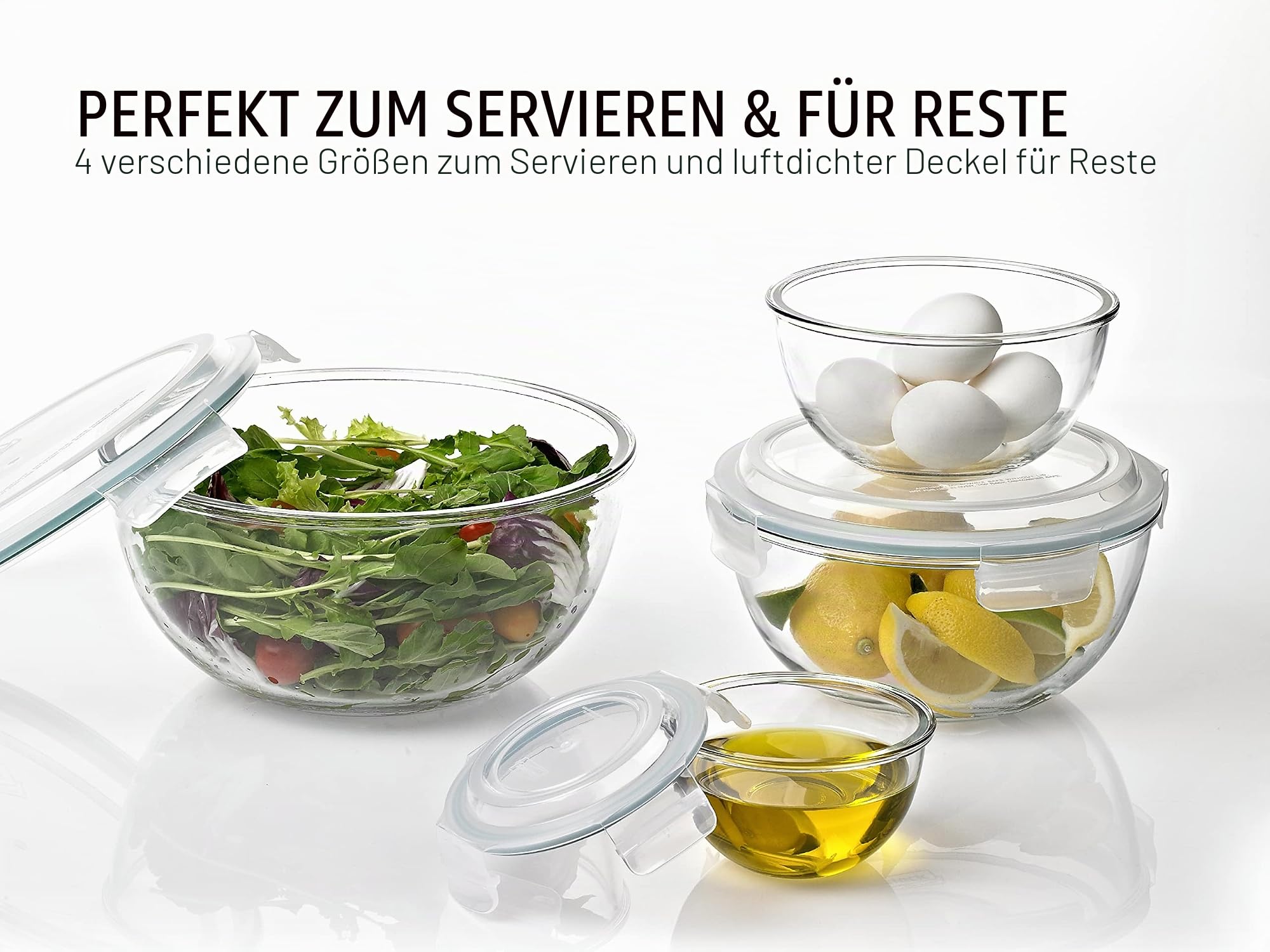 Glasslock Rührschüssel-Set, 8-teilig, mit Schnappdeckel, luftdicht und auslaufsicher, platzsparend, mikrowellengeeignet, spülmaschinenfest