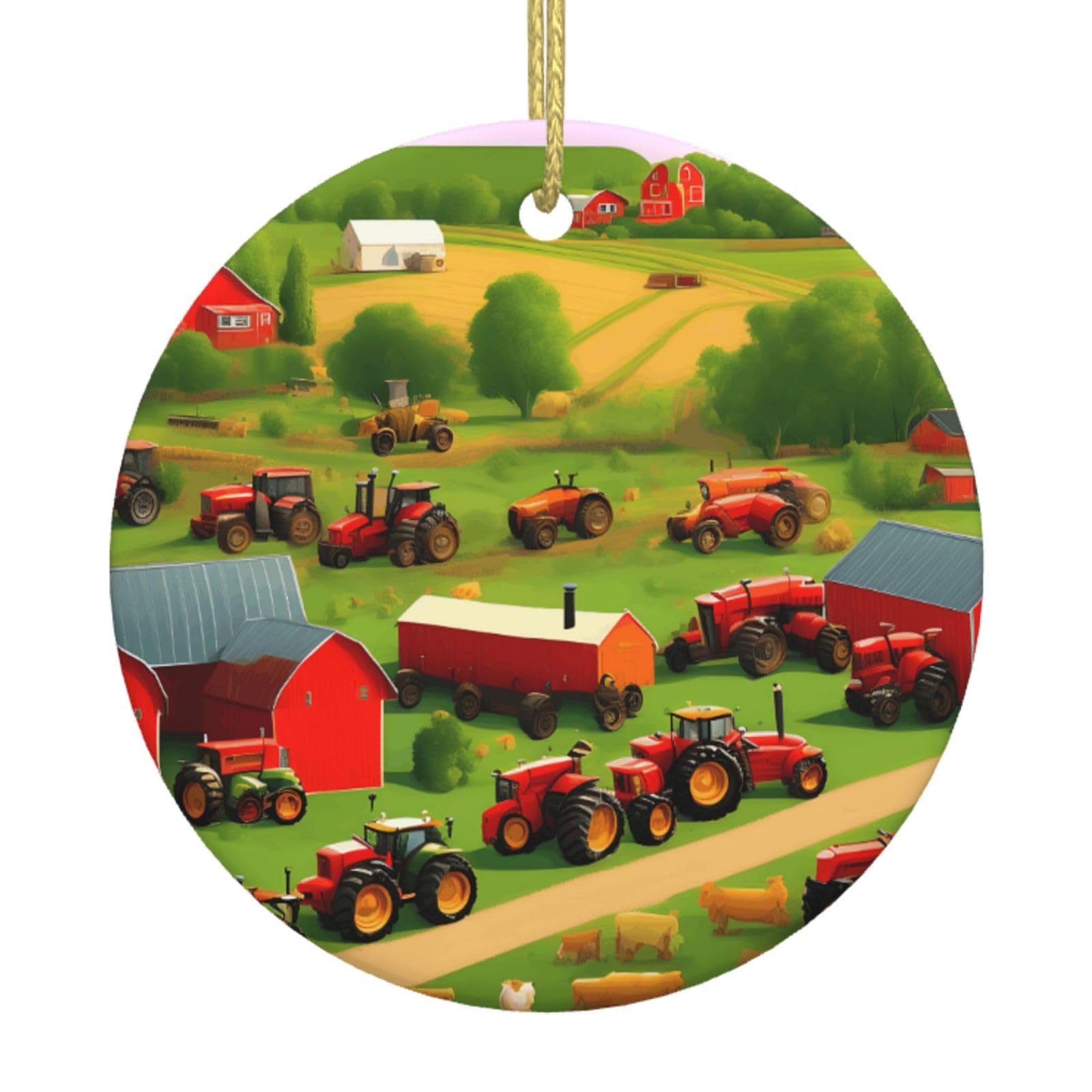 Tractor Farm Print Christmas Ornaments, Ceramic Hanging Ornament, Round Shape Decorations
