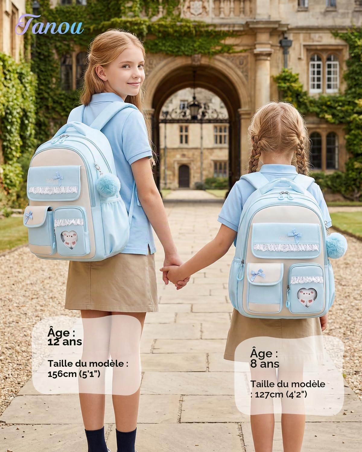 Tanou Cartable Fille Primaire, Sac à Dos pour Enfants du CP au CM2 | Nylon Imperméable, Sac d'école Primaire Kawaii avec Nœud pour Filles de 7 à 14 ans, Bleu