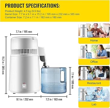 Pure Water Distiller, 4L / 1.05Gal Stainless Steel Internal Water Distillation, 750W Water Filter, Collection Bottle