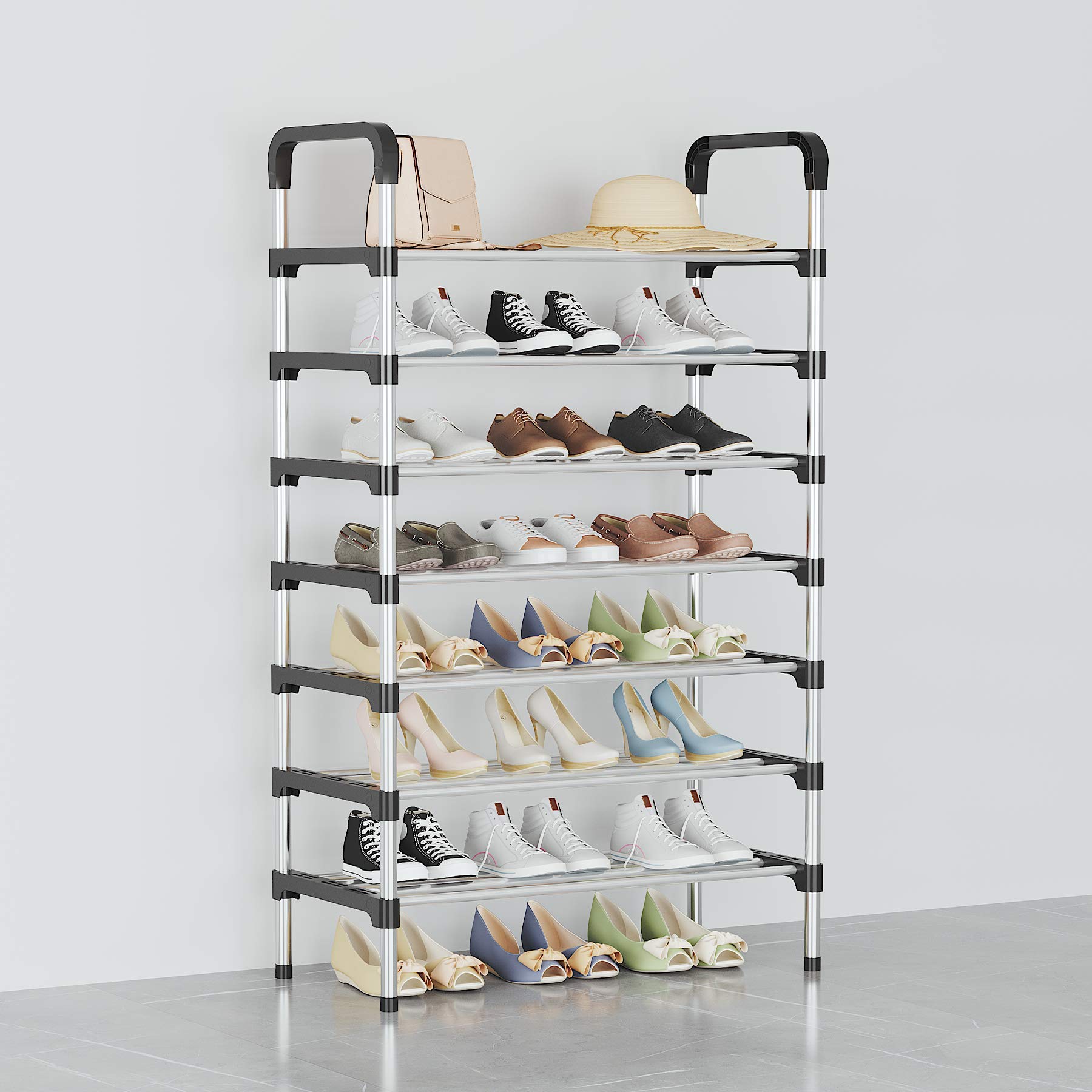 Three Secondz - Long Stainless Steel Shoe Rack Shoe Stand Storage Organizer Shoe Cabinet Durable Portable (7 Layer, Black)