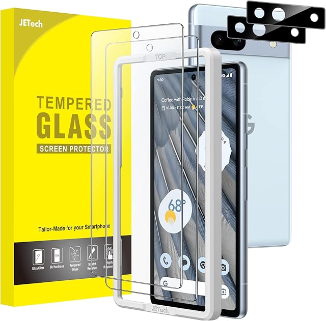 JETech Ochraniacz Ekranu dla Google Pixel 7a 6,1 Cala z Obiektyw Aparatu Ekranu, Narzędzie Instalacji, Szkło Hartowane Film Folia, Odciski Palców ID Kompatybilny, HD Przezroczyste, 2 Sztuki Każdy