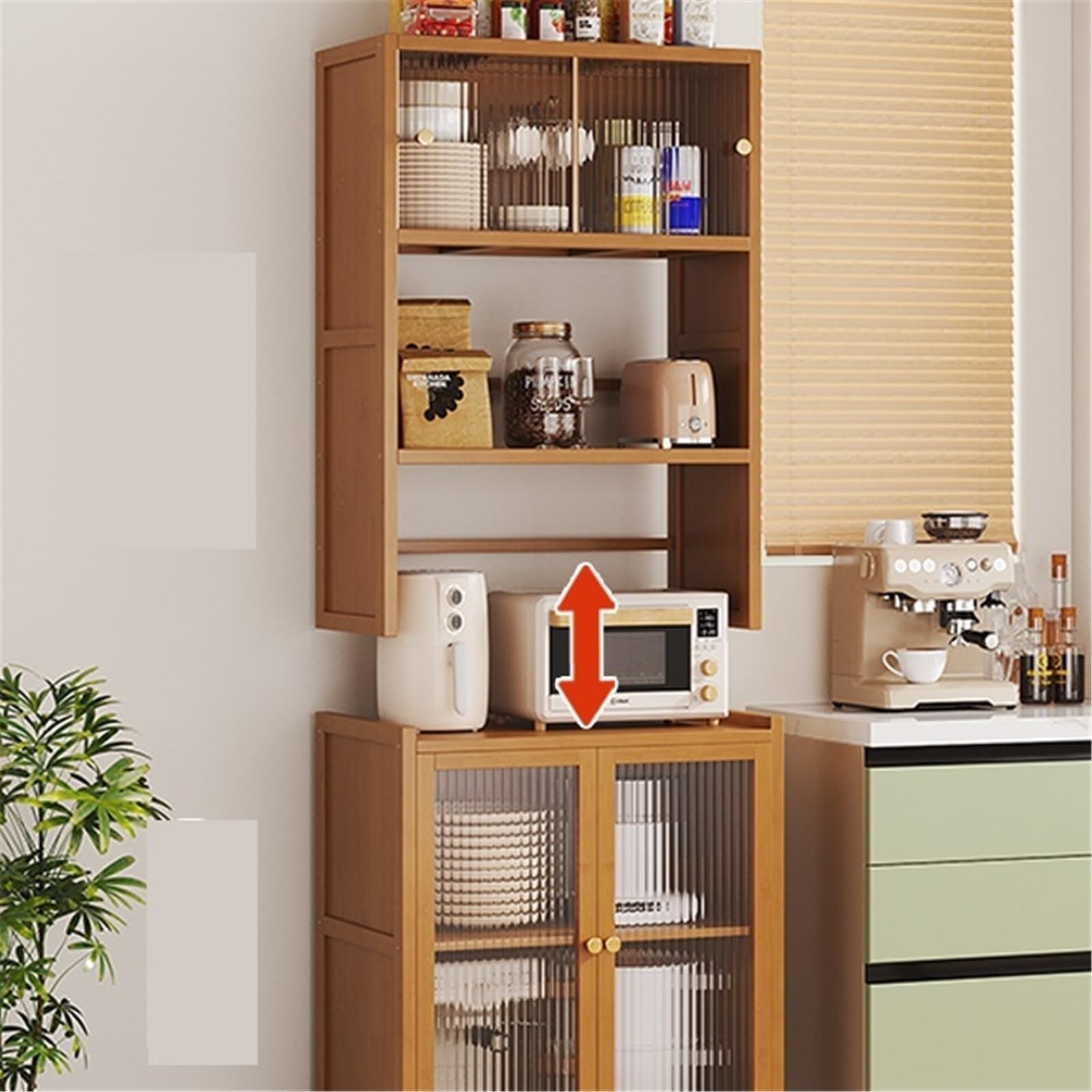 Cucina Credenza a parete con contenitore integrato in stile retrò, multifunzionale in soggiorno, anta in vetro Cassettiera