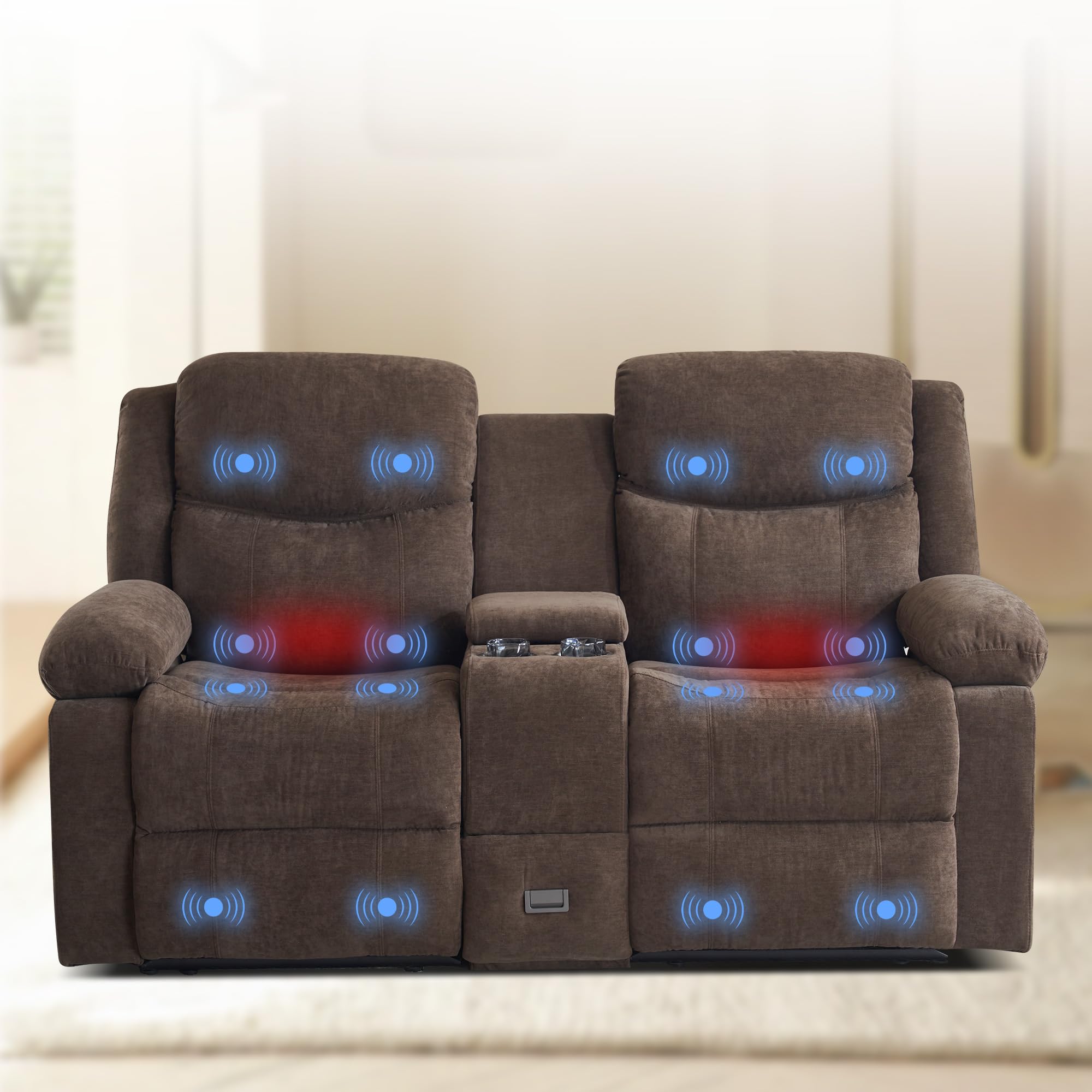 GUEAPY Reclining Loveseat Sofa with Heat and Massage, 70" Leather Dual Recliner Couch with Cup Holders, Storage Drawer & Infinite Reclining Angles,