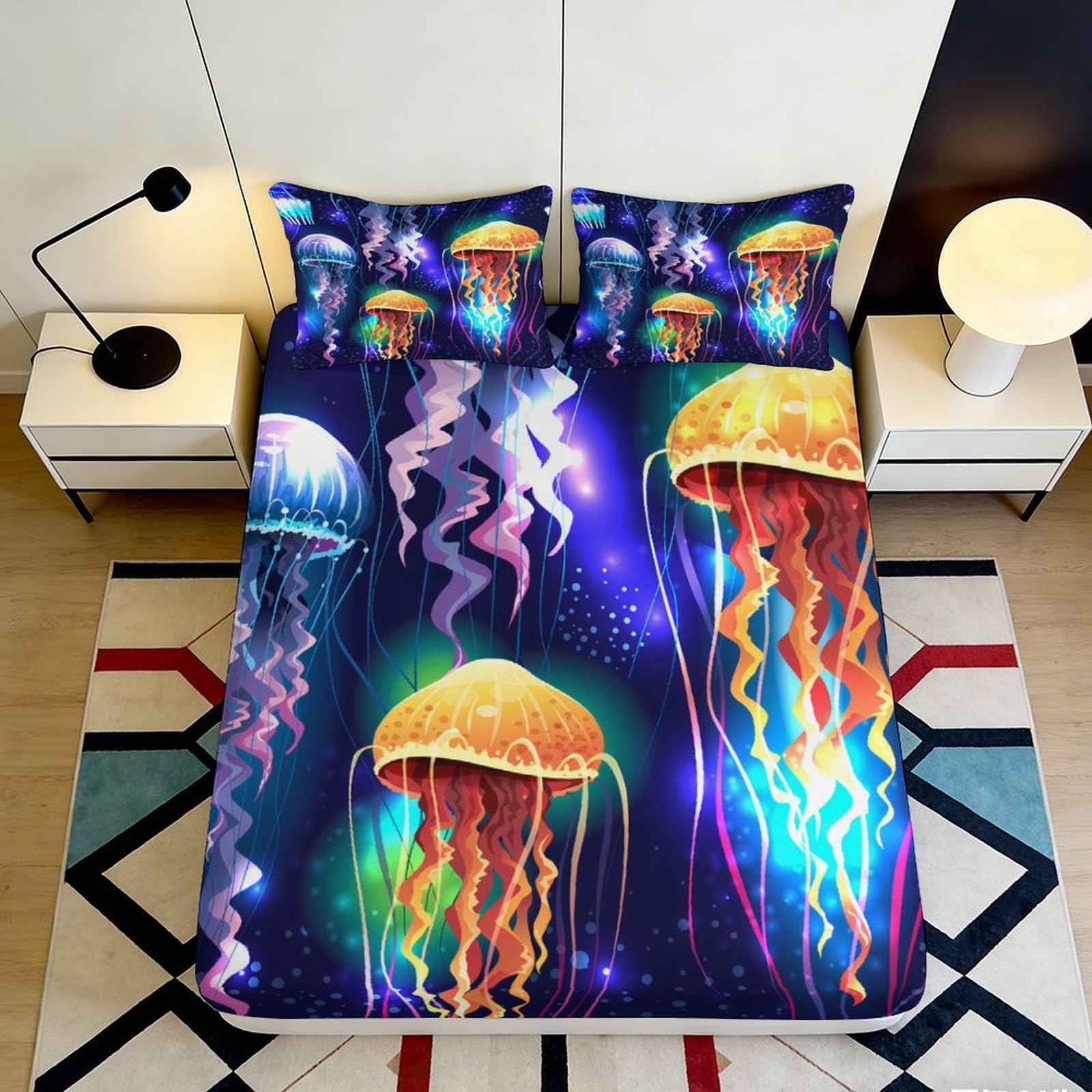 3D Printed Neon Jellyfish Fitted Sheet Microfiber Soft Vibrant Ocean Mattress Cover for Bedroom Dorm Decor 90x200x25cm