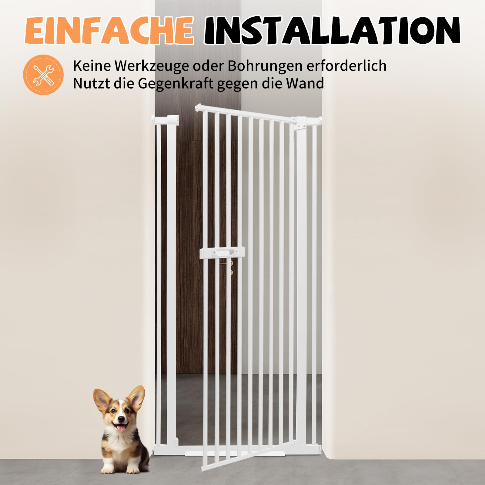 Schutzgitter für Haustiere Extra Hoch, Haustiergitter Extra Hoch mit Doppelverriegelung, 180° Türöffnung, Automatische Türschließung, Ohne Bohren (Weiß)