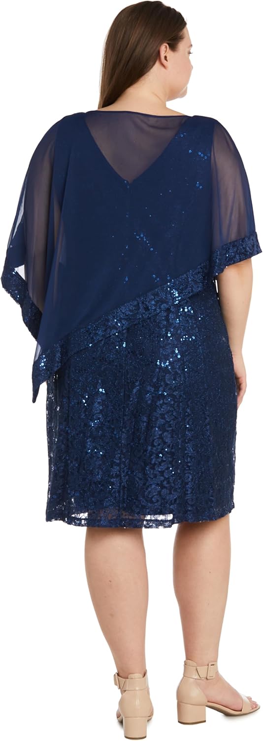 R&M Richards Women's Knee-Length Glitter Sequin Lace Dress W/Sheer Asymmetric Poncho Overlay | Evening Cocktail Attire - Image 2