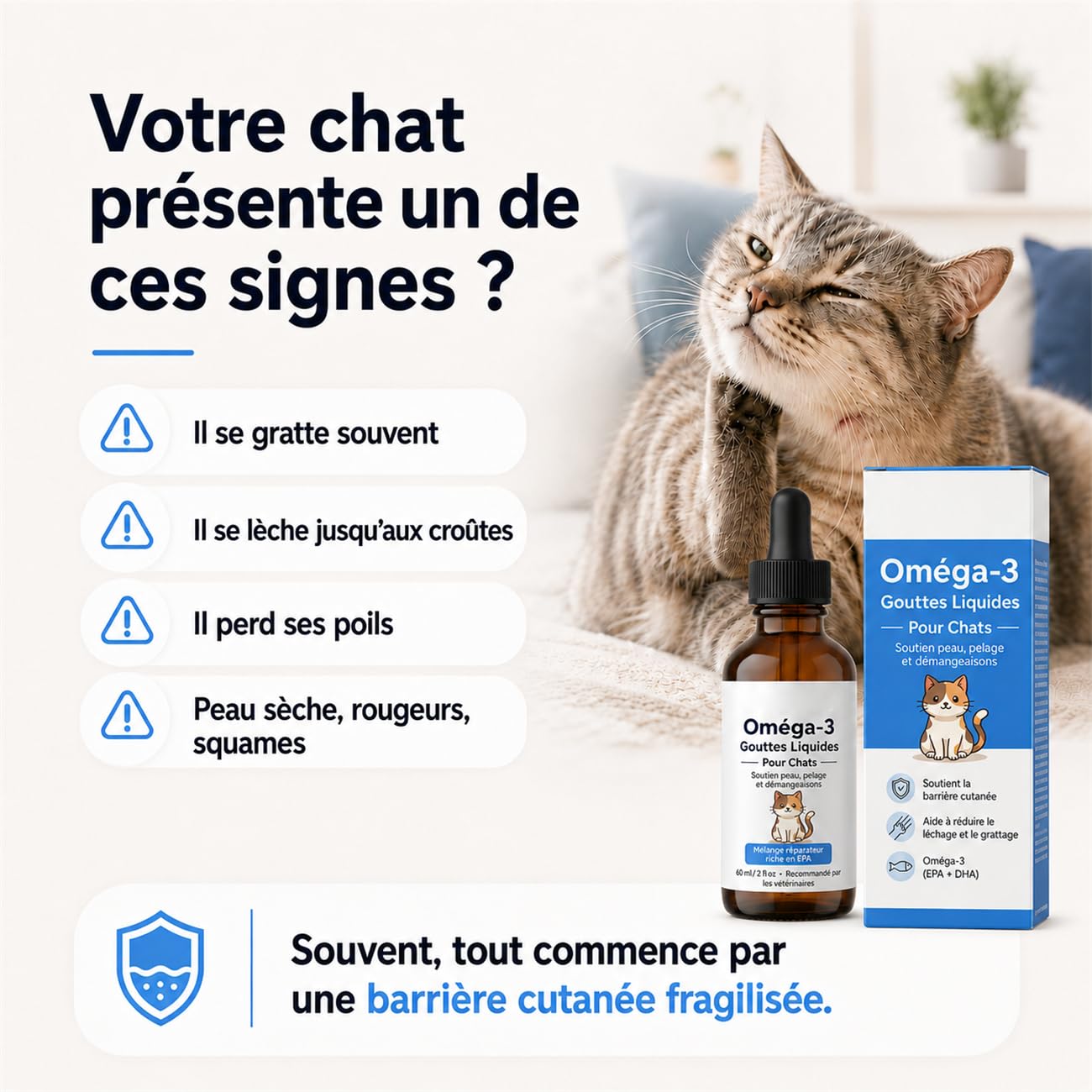 Gouttes d'Oméga-3 pour Chats – Huile de Saumon Purifiée avec EPA & DHA + Vitamine E | Complément Naturel Anti-Démangeaisons, Pelage Brillant & Peau Saine | Facile à Administrer