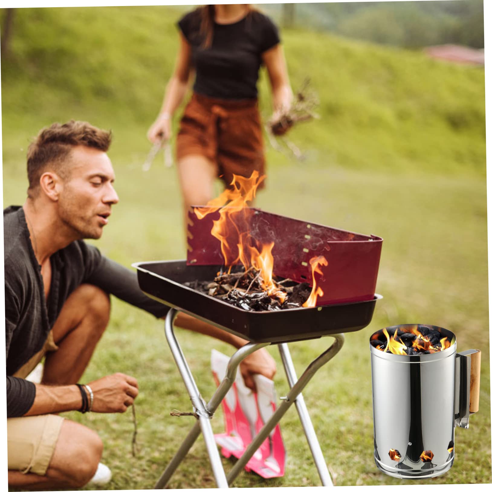 Ciminiera di Accensione per Carbonella, Secchio per Barbecue in Ferro Zincato, Manico in Legno Resistente al Calore, per Caminetti e Forni per Pizza