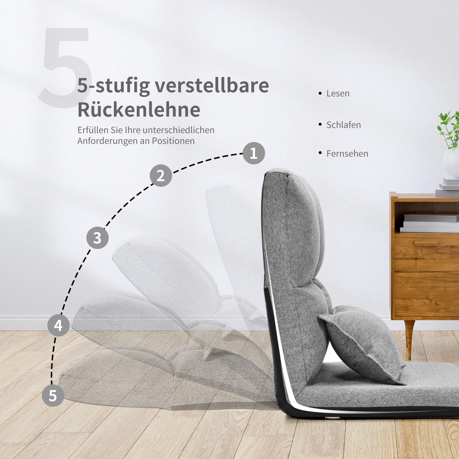GOPLUS Krzesło podłogowe, fotel podłogowy z 5-stopniową regulacją oparcia i poduszkami, sofa podłogowa z funkcją spania, obciążenie do 100 kg, fotel do czytania, leżak do medytacji, do salonu (szary)