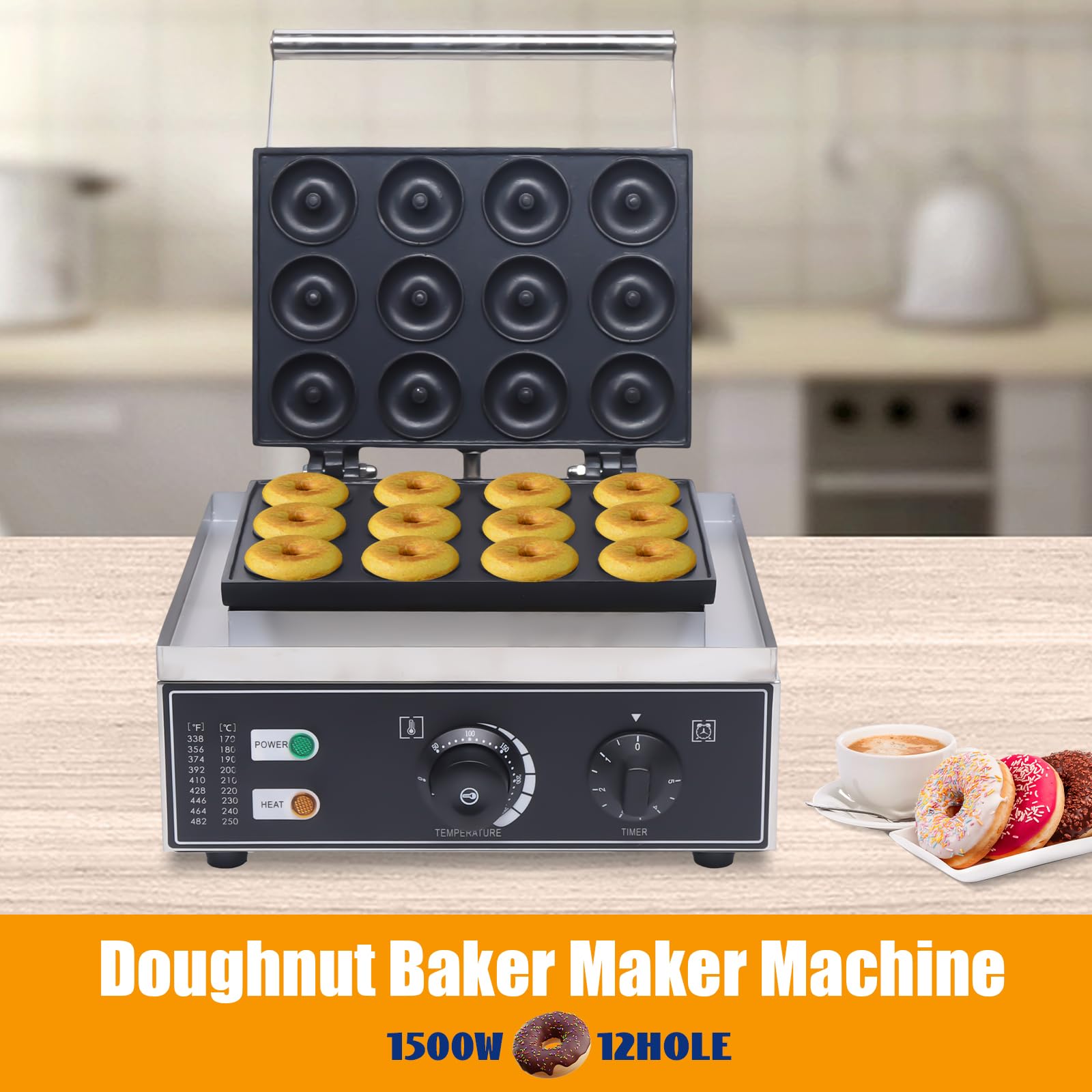 Elektrischer Donut Automat 1550W 12-Loch Backgerät mit Antihaft-Beschichtung Doppelseitige Heizung Edelstahl Gebäckmaschine für Haushalt Café 220V EU-Stecker