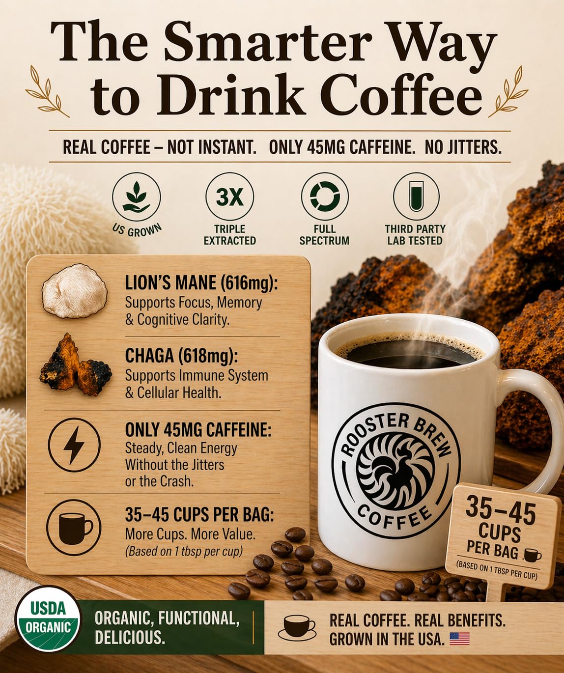 Mushroom Coffee,Real Ground Coffee (Not Instant) Rooster Brew Organic Ground – 1200mg Lion’s Mane & Chaga – Medium Roast Arabica – Low Acid Half Caff – 10oz