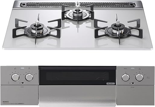 Noritz Nest Built-in Gas Stove for City Gas N3WU5PWAP2STE 60cm Type Moon Silver Glass Top/Black Enamel Handle/Silky Stainless Steel Face
