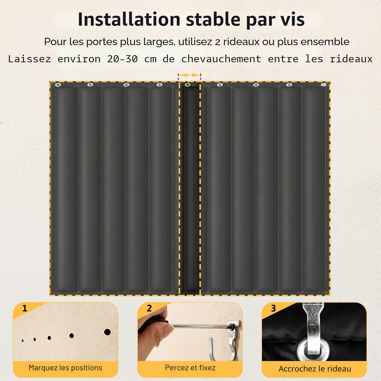 Rideau d'isolation acoustique pour porte, 95 x 220 cm, 3 couches, épaisse, isolation acoustique, avec crochets et kit de vis, pour chambre à coucher, studio de musique, studio d'enregistrement