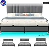 King Size Bed Frame with 3 Height Adjustable Headboard, Upholstered Leather Platform Bed with LED Light & Charging Station, Stable Metal Frame Support, No Box Spring Needed, Noise Free, Grey