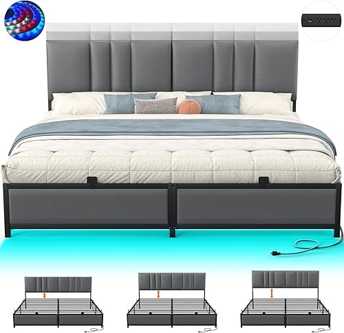 Miniatura 8 de Base de cama tamaño King con cabecera ajustable de 3 alturas, cama de plataforma tapizada de cuero con luz LED y estación de carga, soporte de marco