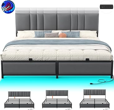Besiost King Size Bed Frame with 3 Height Adjustable Headboard, Upholstered Leather Platform Bed with LED Light & Charging Station, Stable Metal Frame Support, No Box Spring Needed, Noise Free, Grey