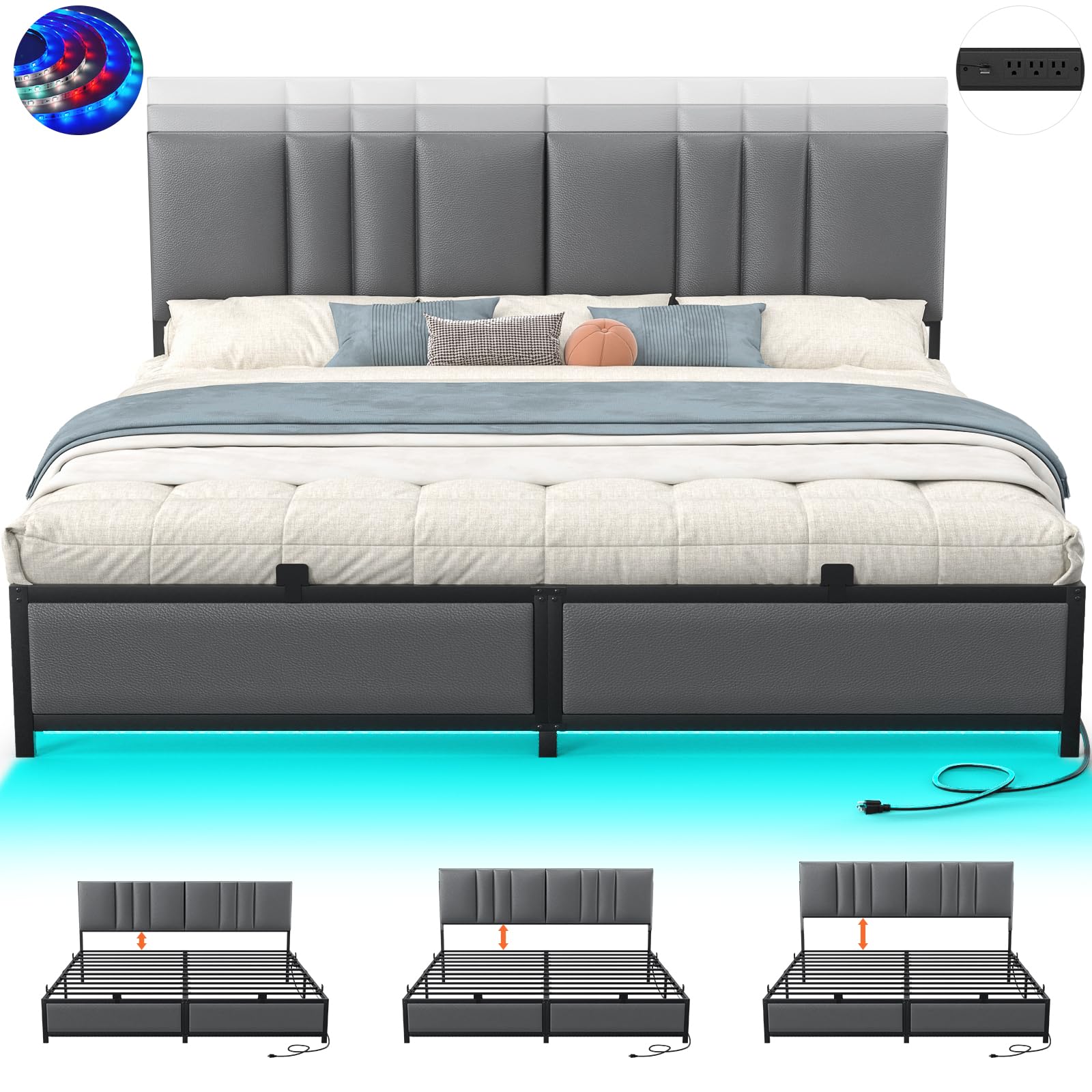 King Size Bed Frame with 3 Height Adjustable Headboard Upholstered Leather Platform Bed with LED Light Charging Station