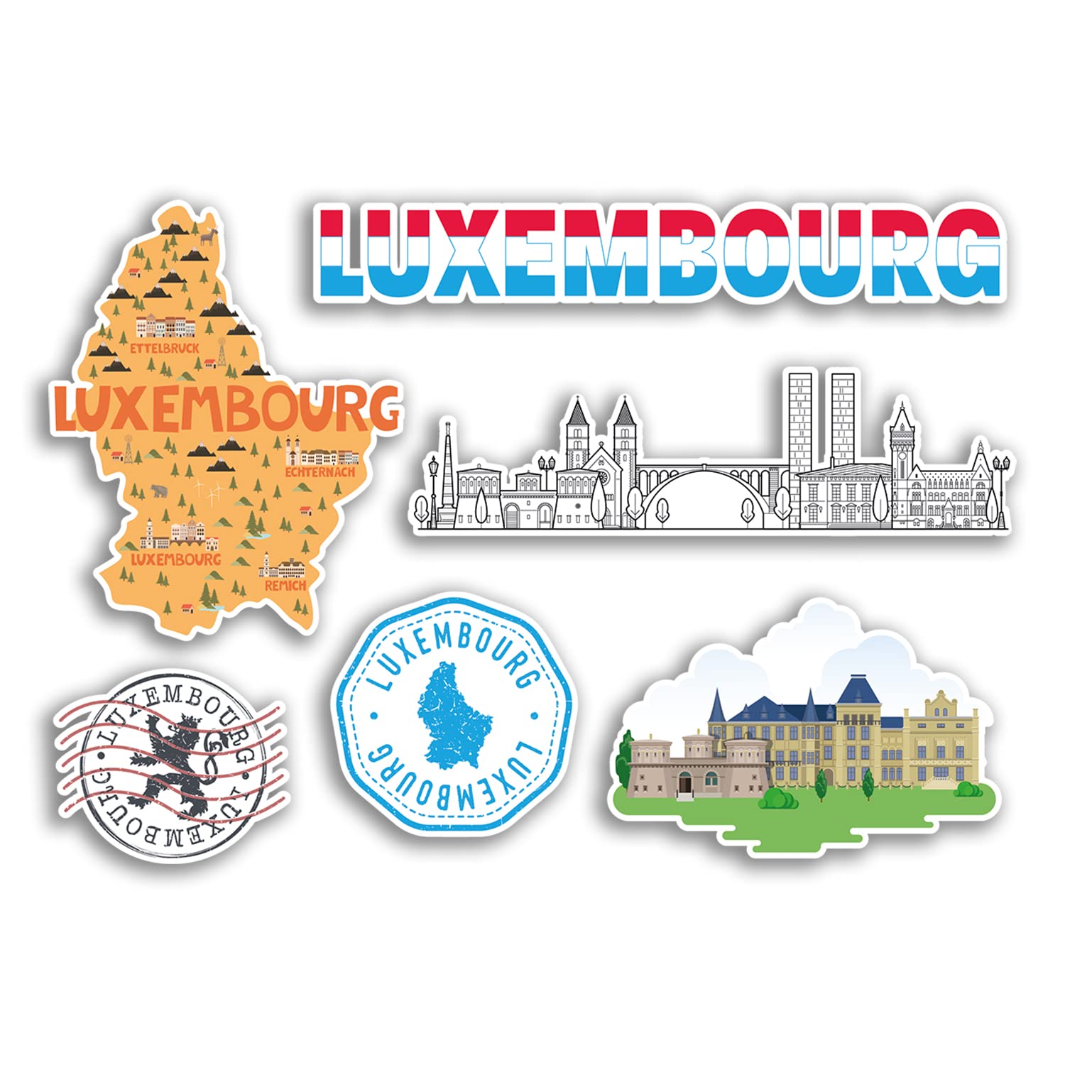 Dv Design Multi A5 Sticker Sheet - Luxembourg Vinyl Stickers - Landmark Holiday City Country Airport Map Flag Food Sticker #77537