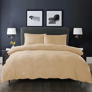 Teddy Fleece Duvet Cover Set Matching Pillowcases, Solid Colour Quilt Comforter Encasement, Wrinkle & Stain Resistant Bedding, Easy Care, Machine Washable, Zip Closure (Beige, Double)