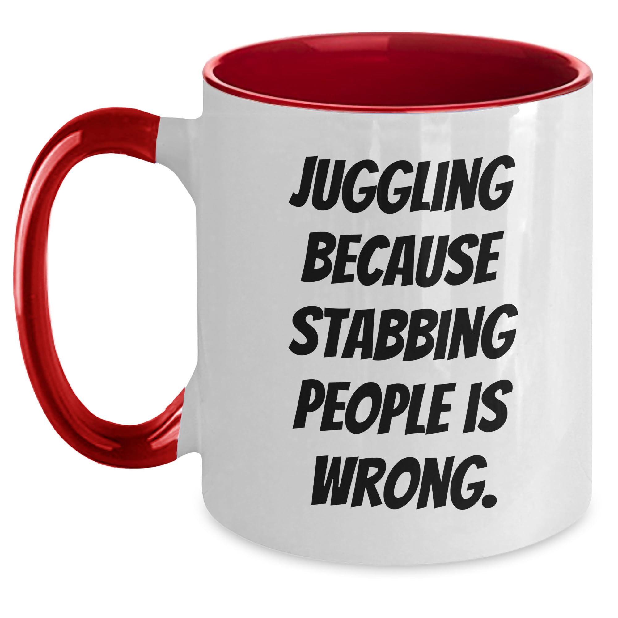 NAPAVI Funny Juggling Two Tone Coffee Mug Gifts from Friends for Christmas, 'Juggling Because Stabbing People Is Wrong.'